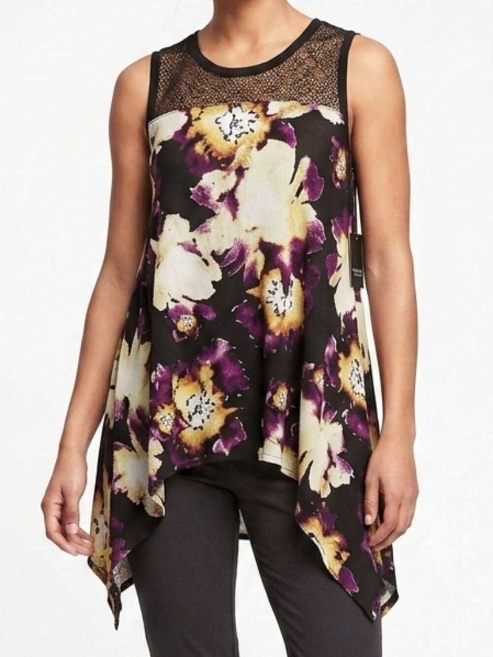 Simply Vera Vera Wang Floral Asymmetric Tank Top Lace Yoke Black Purple XS NWT
